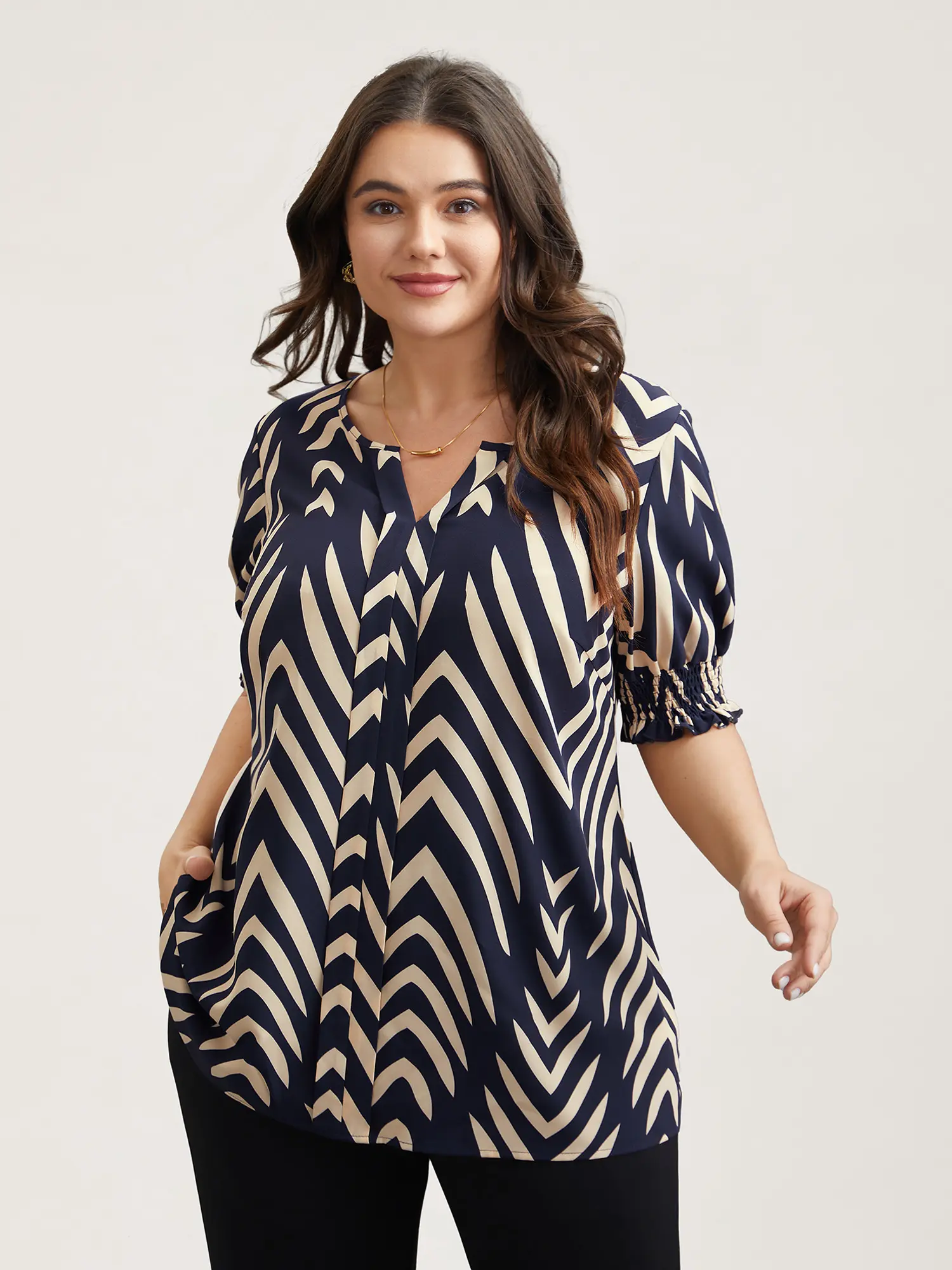 Plus Size Women's Geometric Tunic Blouse, Casual Office Spandex Top with V-Notch Collar, Lantern Sleeves, and Shirred Details