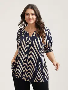 【Summer Turn-Up】BlOOMCHIC Plus Size Geometric Print Ruffled Shirred Shirt Sleeve Womenswear Top Black Tshirt Streetwear Vneck [1x-6x] 2026 Summer Pick for Mother's Day