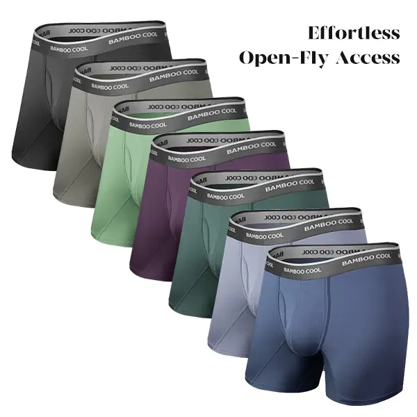 BAMBOO COOL Men's Mid Waist Menswear Sportswear Boxer Briefs - Smooth Premium Stretch Fabric, 3D Pouch Support, Open Fly, Breathable, Non-Fading, Tag-Free, 4 or X-7 Pack (Ideal for Outdoor Use)