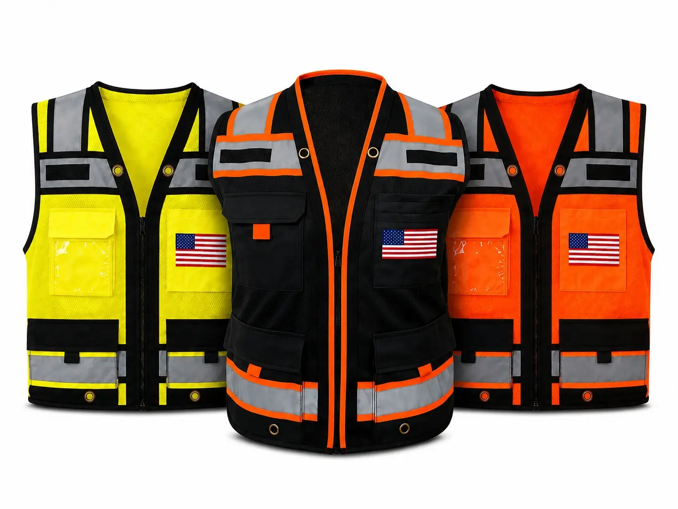 Patriot Black Series Class II High Visibility Reflective Safety Vest in various colors / Two Tone Safety vest with Mesh Fabric with Custom flag logo