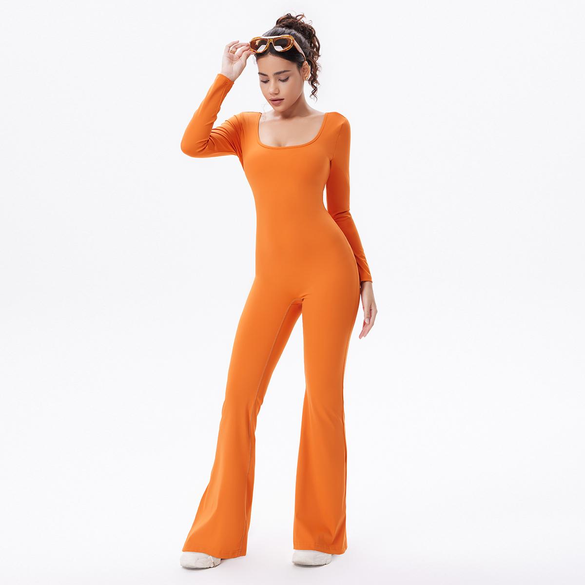 OQQ Women’s Backless Wide Leg Jumpsuit With Removable Built-In Padding – Long Sleeve Stretchy Flared V Back Yoga Romper SpringStatements