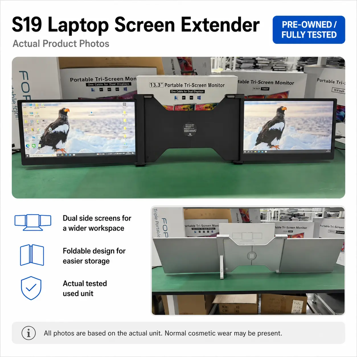 Refurbished S19 14" Laptop Screen Extender Dual Monitor, 1080P FHD IPS Triple Screen Portable Monitor, Laptop Monitor Extender, Plug & Play, 235°/180° Adjustable for 15"-17.3" Laptops – Excellent Condition