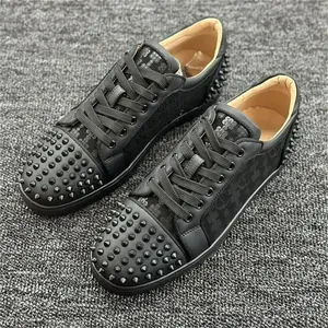 Graphic Print Studded Sneakers with Red Sole – Artistic Streetwear Shoes for Men & Women, Vintage-Inspired Design & Metallic Accents Black Casual Trainers