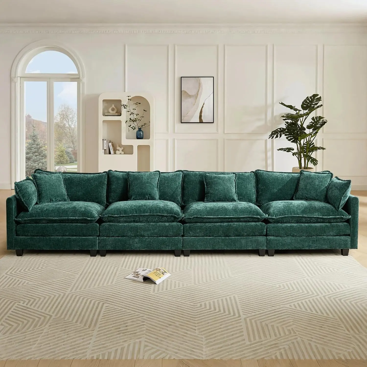 149.6” Modular Sectional Sofa Couches 4 Seater Chenille Deep Seat Cloud Couch with Pillows for Living Room, Apartment, Office, Green