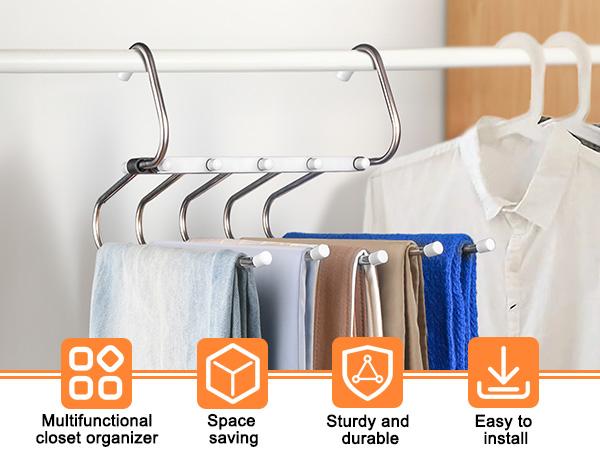 Folding trouser hanger, space-saving, 5-layer design, non-slip hanger, suitable for wardrobe organization and home storage.
