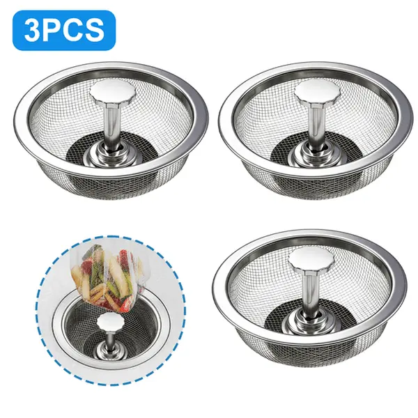 3-Pack Stainless Steel Sink Strainer Set with Stopper, Fine Mesh Drain Filter Basket, Clogs Prevention Tool for Standard Kitchen Sinks, Home Users, Kitchen Waste Management (Bathroom Drain Protector), Three Pieces
