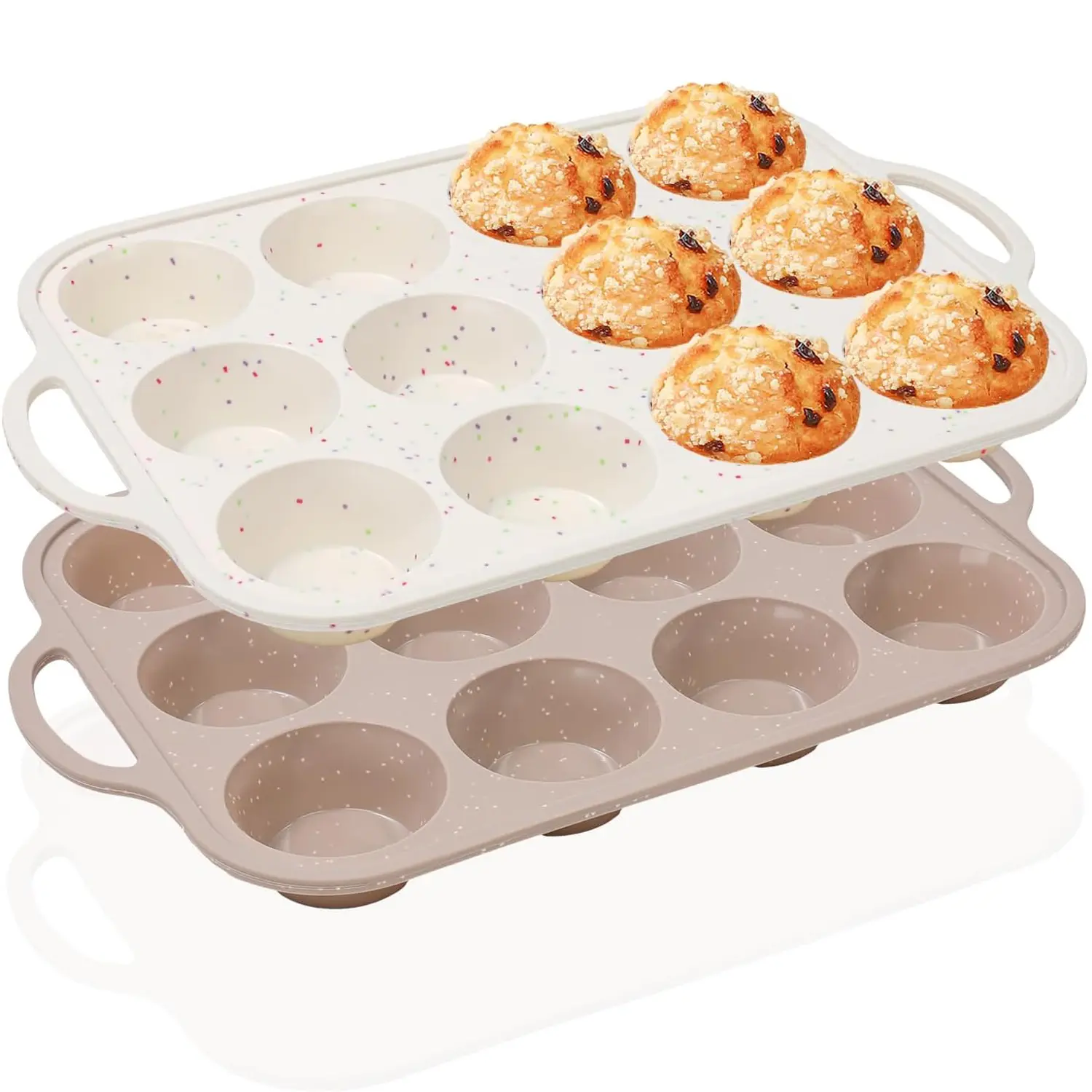 Sturdy 2-Pack Food-Grade Silicone Muffin Pans - Metal-Reinforced Edge Frame, Standard 12-Cup Round Baking Molds, Nonstick Non-Toxic BPA-Free, Extreme Temp-Safe, Oven-Dishwasher Safe Flexible Easy-Clean Family Bakeware (Also for Pizza)