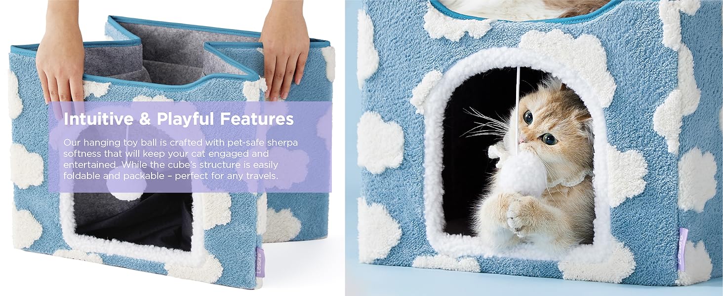 Lesure Indoor Cat Beds Kitten House - Large Cat Cave for Pet Cube with Fluffy Ball Hanging, Foldable Small Animal Hideaway, 16.5x16.5x13 inches,