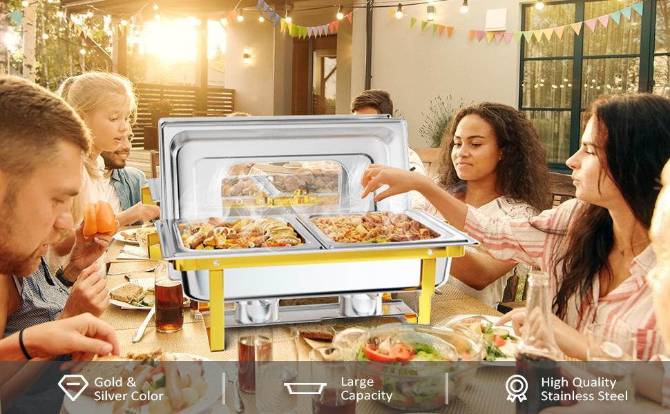 ROVSUN Chafing Dishes for Buffet 4 Pack, 9QT Chafing Dish with Multiple Food Pans Combo,Stainless Steel Buffet Servers and Warmers with Glass Lid & Folding Frame for Parties Weddings, Gold & Silver SpringStatements