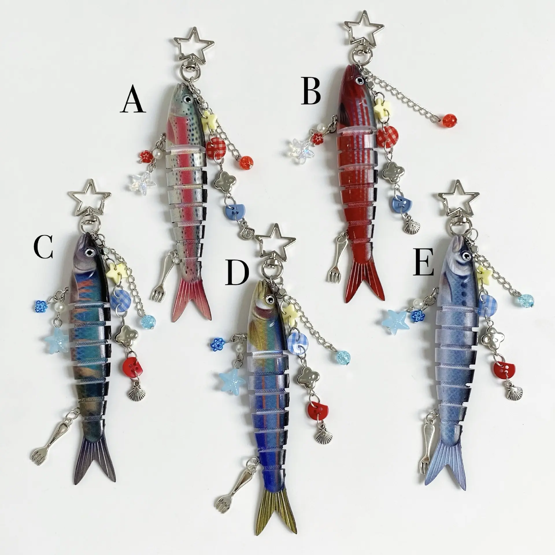 Novelty Star & Jointed Realistic Fish Lure Keychain With Beaded Charm, Kawaii Good Luck Fish Key Pendant, Universal Collectible Accessory For Keys, Handbags And Backpacks