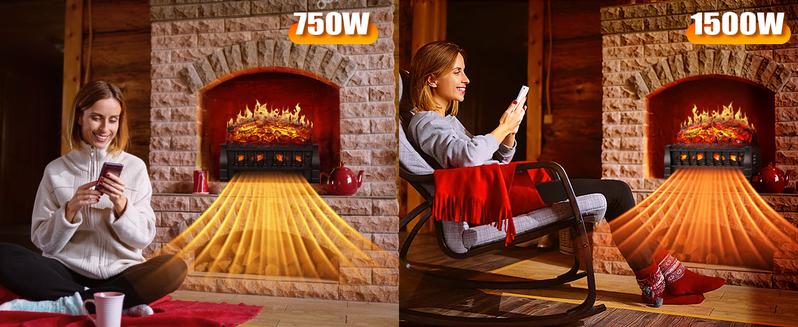 Electric Fireplace 3D-Log Heater 21 Inch Remote Control Realistic Flame Effect Ember Bed, Leaves Pattern, Overheated Protection,Adjustable Brightness&Speed, Indoor Use（750W/1500W） rechargeable handwarmer