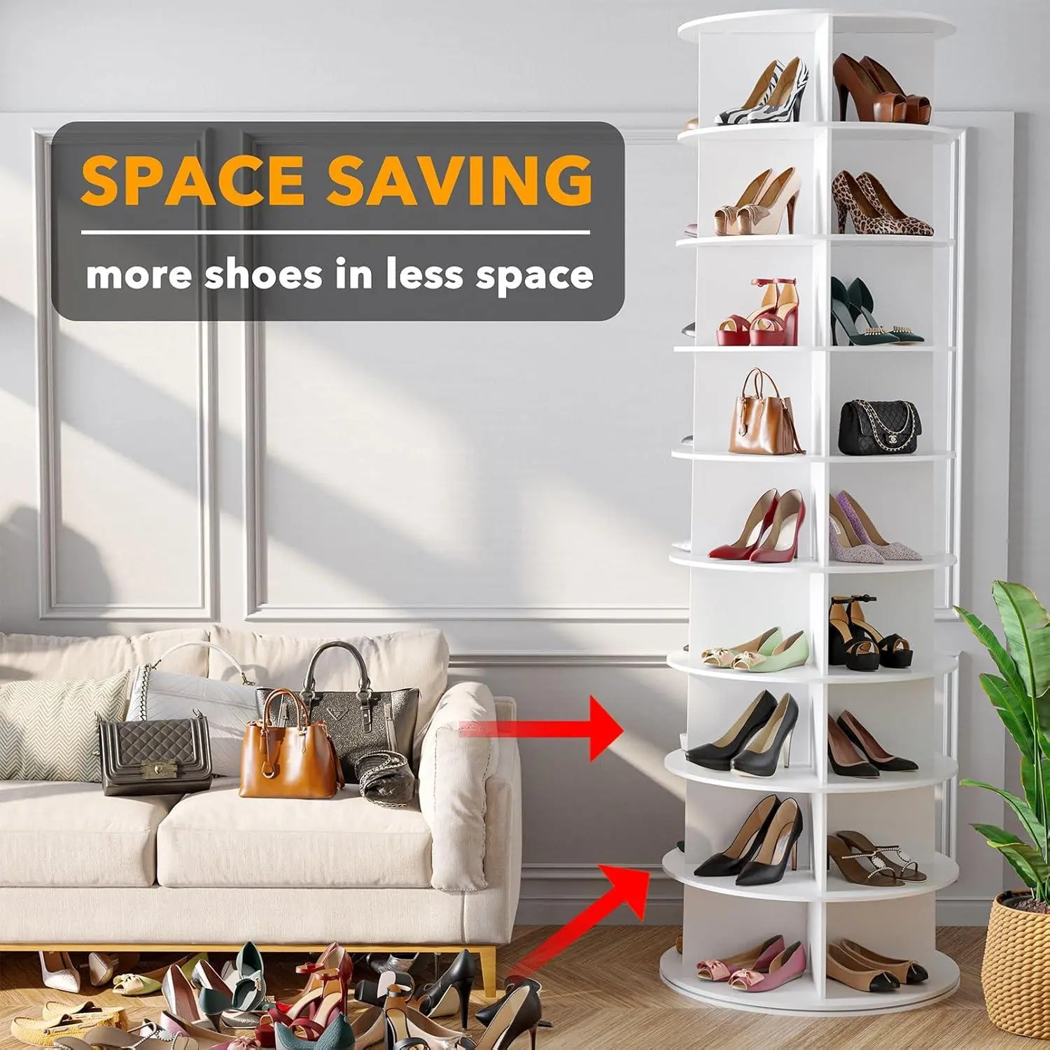 White 9-Tier Circular Spinning Shoe Rack Organizer - 360° Spins, Sturdy Base Freestanding Lazy Susan, Storage Organization for Bedroom, Closet, Organizer Storage Furniture Shelf & Rack, Room Storage
