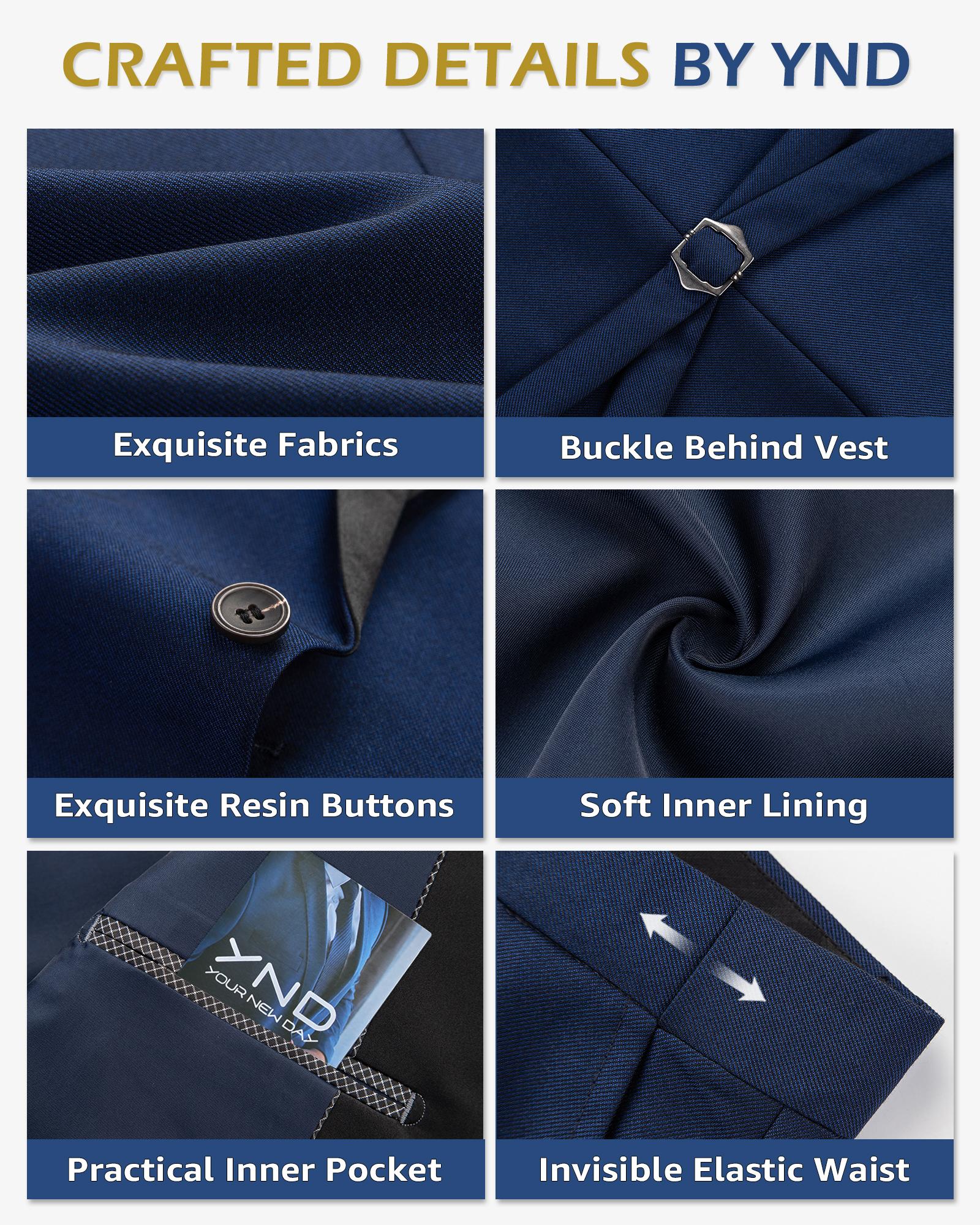 YND Men's 3-Piece Slim Fit Tuxedo Set, One-Button Shawl Collar Solid Jacket Vest Pants with Bow Tie，suitable for formal occasions, business events. party & casual events, wedding tuxedos, party performances, and men's three-piece party suits