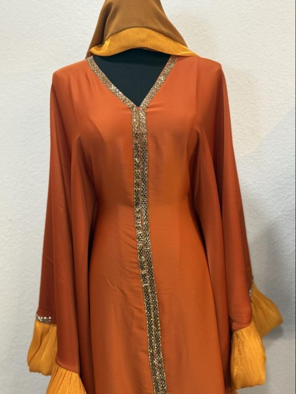 Dubai Butterfly Style Abaya -  Color with Gold Embellishments and Hooded Design
