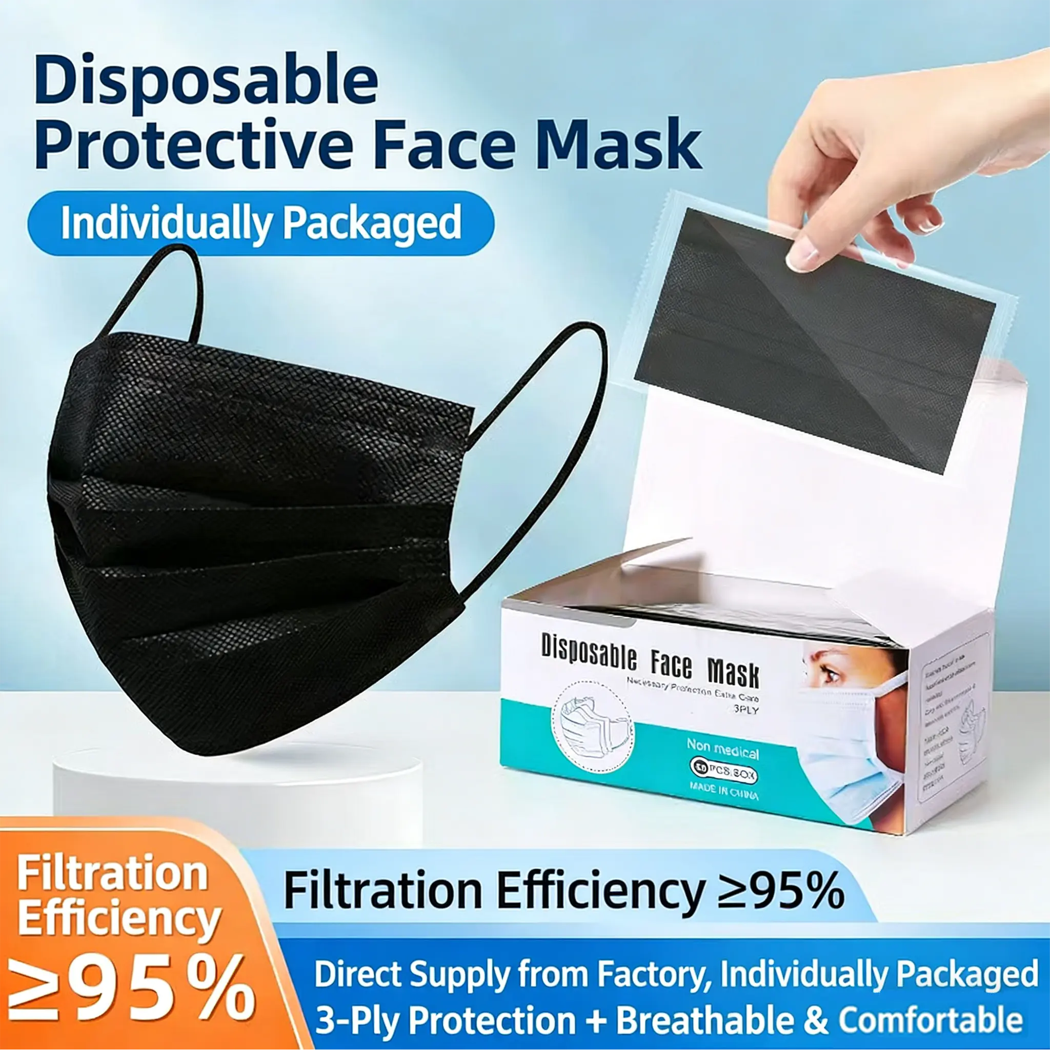 LuxeLoop 50 Pack 3 Ply Disposable Black Face Masks for Adults, Breathable Non-Woven Face Cover, Individually Wrapped Soft Skin-Friendly Ear Loop Mask with Nose Wire, Lightweight Dustproof Mask for Travel Work Shopping Outdoor Daily Use, Unisex