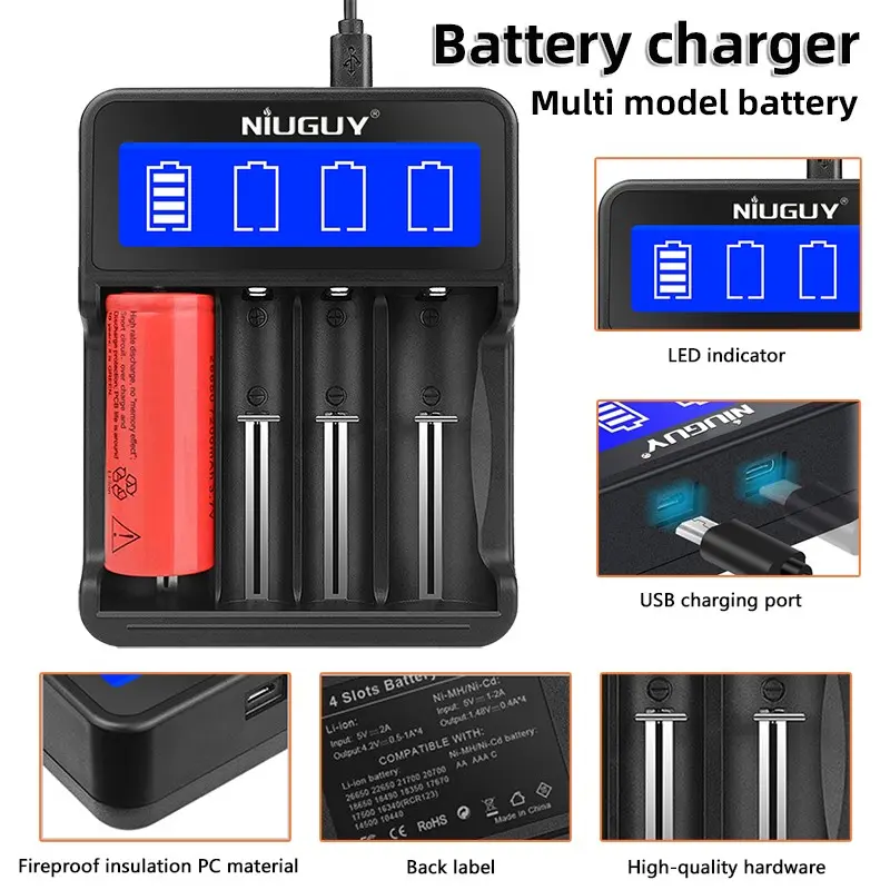4-slot 18650 lithium battery charger with simple black LCD digital display, equipped with anti reverse protection, outdoor flashlight/essential for digital players (charger only - without battery), Multifunctional Charger, Upgraded Charger