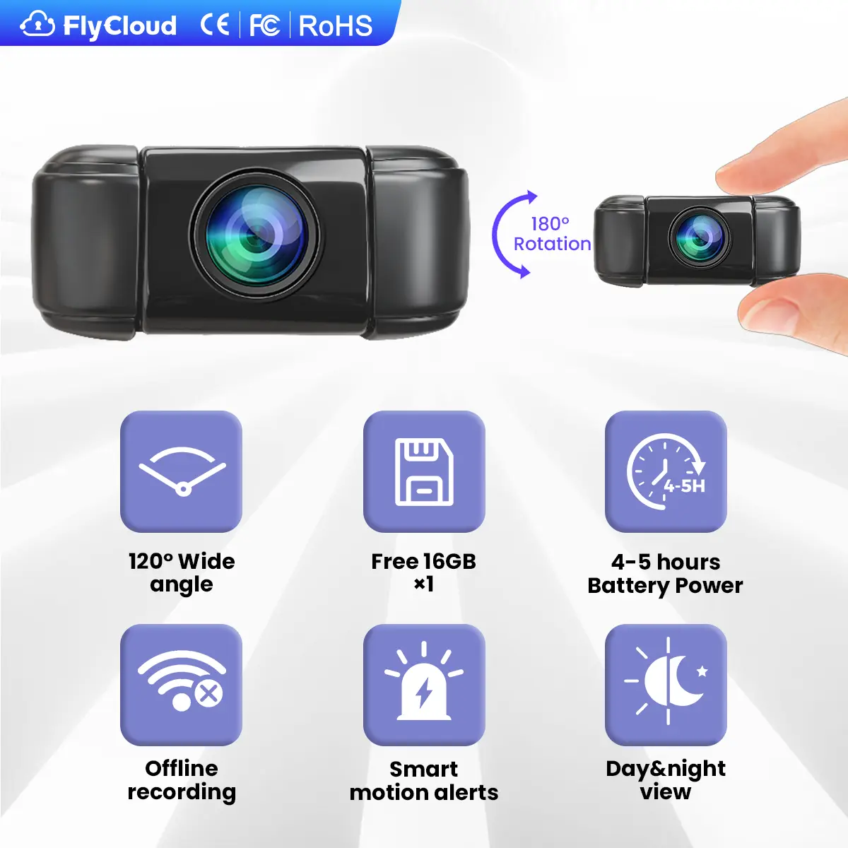 FlyCloud 7 Mini Digital Security Camera - 1080P Recording, Long Battery Life, 180° Adjustable Lens, 16GB TF Card Support, AP Hotspot (No WiFi Needed), Wireless, for Vlog, Car Monitoring, Digital Camera, body camera