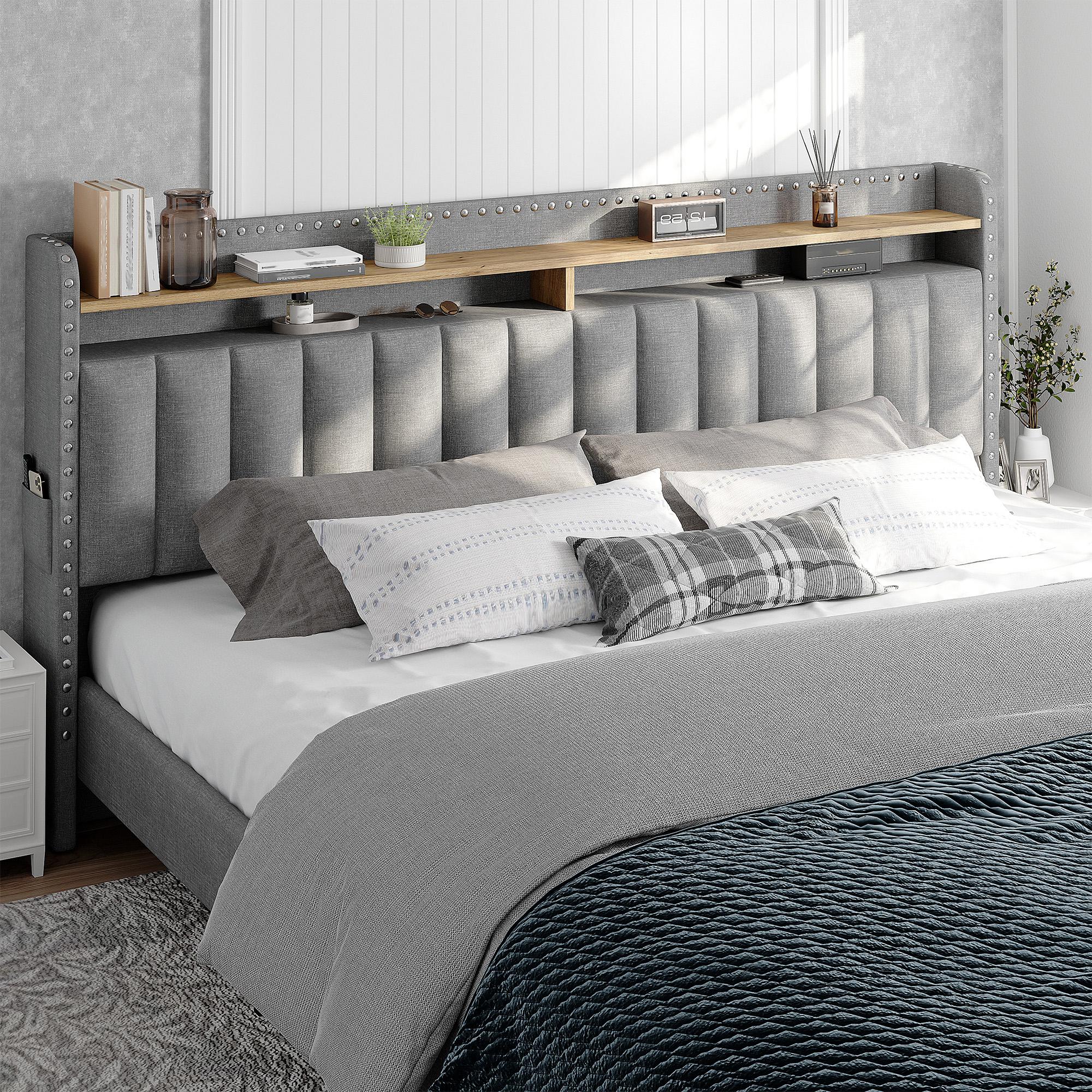 Raybee Luxury Bed Frame with 2 Storage Drawers & 2 Tiers of Shelves, No Mattress, Platform Upholstered Bed Frame for Full, Queen, King with Wood Slats, Holds 900LBS, Noise Free,No Box Spring Needed, Gray, Beige