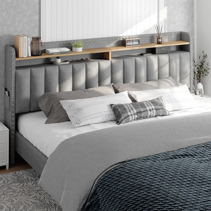 Raybee Luxury Bed Frame with 2 Storage Drawers & 2 Tiers of Shelves, No Mattress, Platform Upholstered Bed Frame for Full, Queen, King with Wood Slats, Holds 900LBS, Noise Free,No Box Spring Needed, Gray, Beige