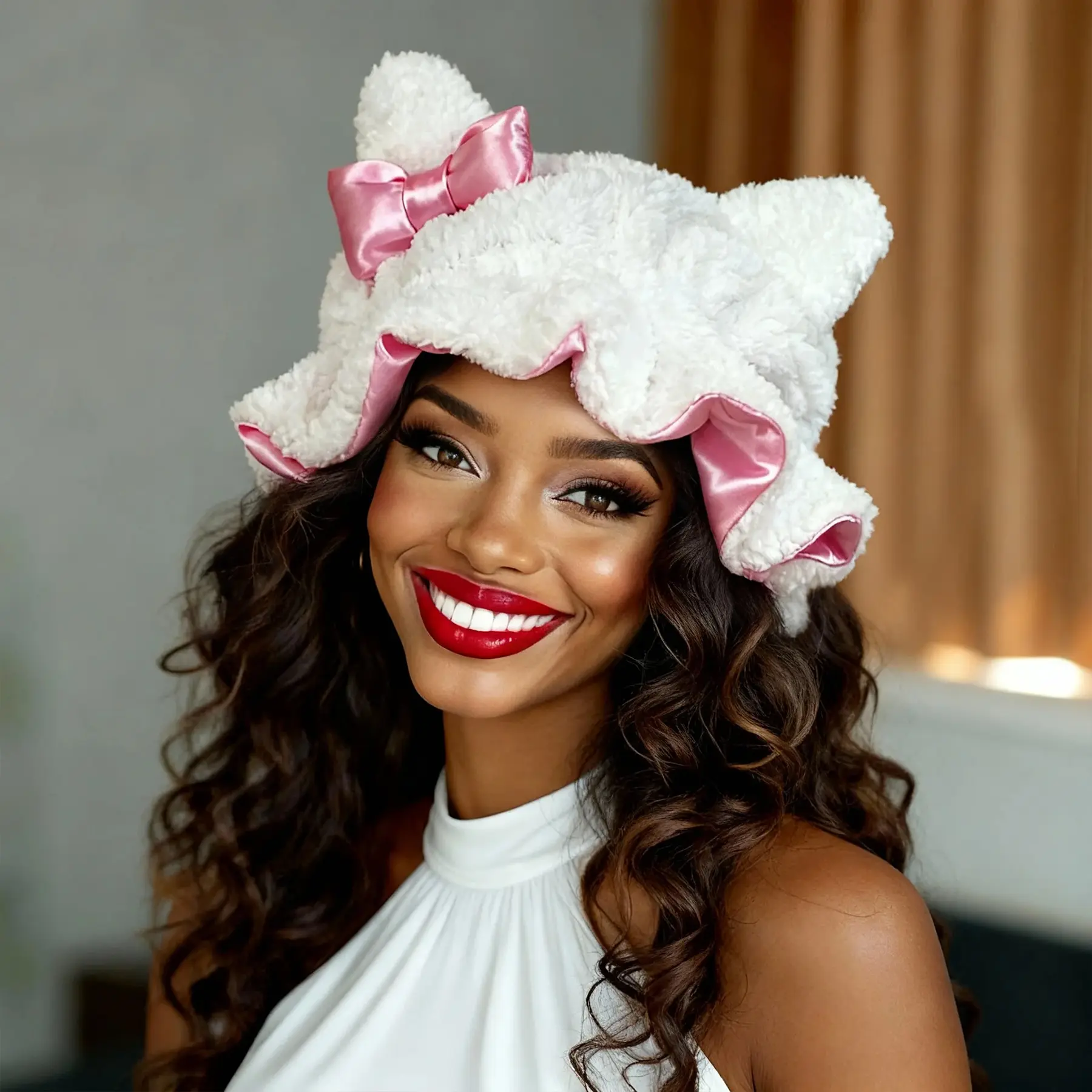 Falote Lightweight Soft Sleep Cap, Cute Teddy Bear Satin-Lined Hair Bonnet for Women - Frizz-Free Haircare, Moisture Lock, Nightly Routine Cozy Vibe, Heatless Styling Accessory
