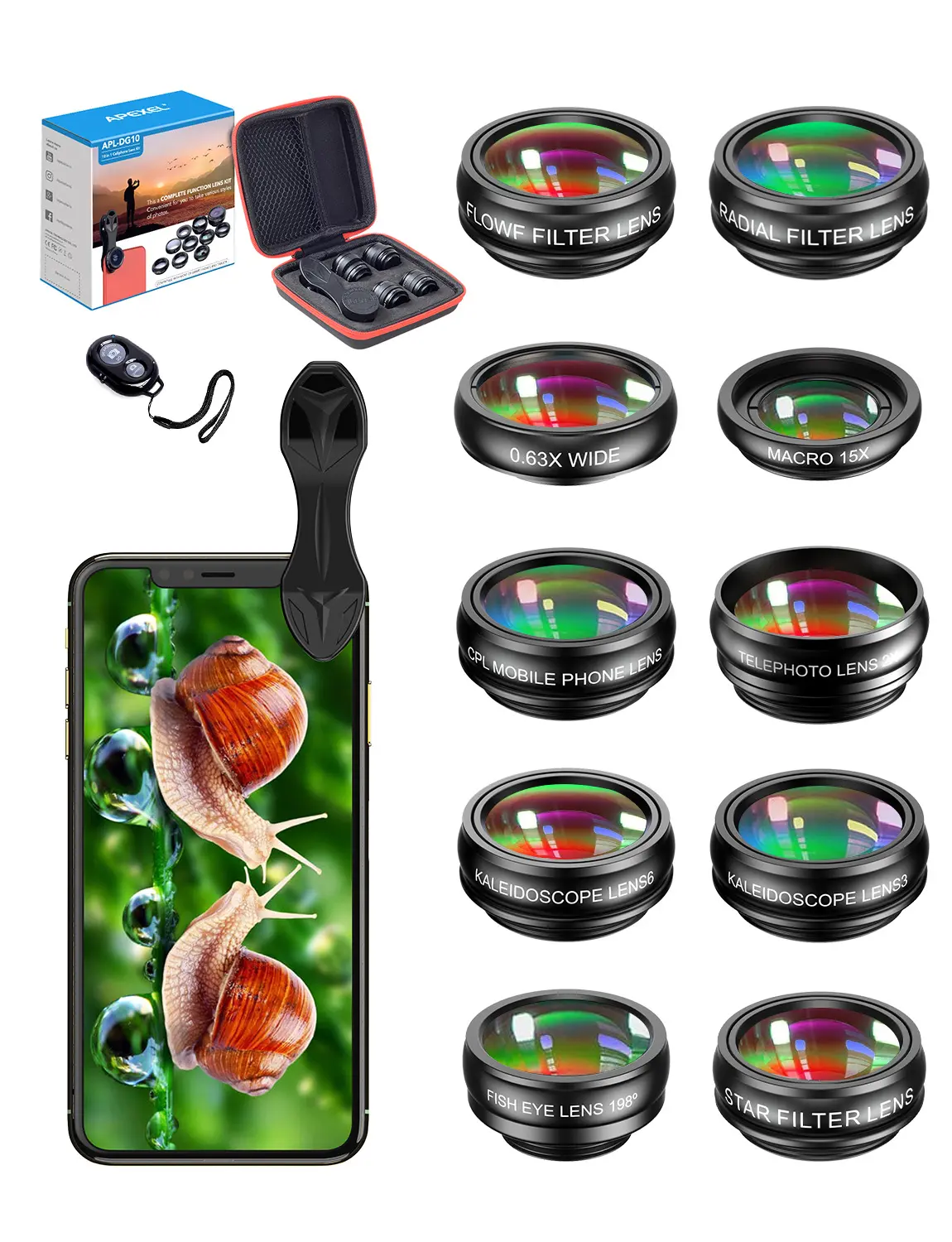 Apexel Phone Camera Lens-Macro Lens+Wide Lens+Fisheye Lens+Telephoto Lens+CPL/Flow/Radial/Star Filter+Kaleidoscope 3/6 Lens 10 in 1 Lens Kit +Remote Shutter for iPhone, Samsung,LG and Most Smartphones,back to school,back to school haul