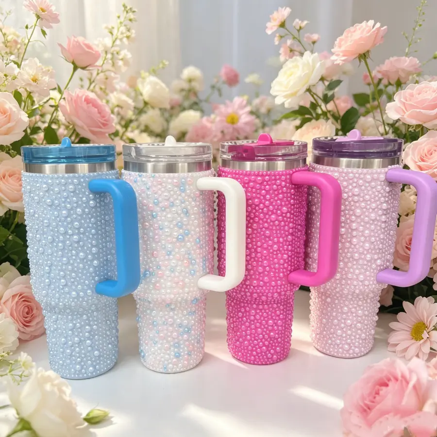 40 oz Pearl Studded Tumbler with Handle, Insulated Stainless Steel Travel Mug, Leak-Proof Lid, Keeps Drinks Cold/Hot All Day, Cute Aesthetic Cup for Office, Car & Outdoors, Multiple Colors