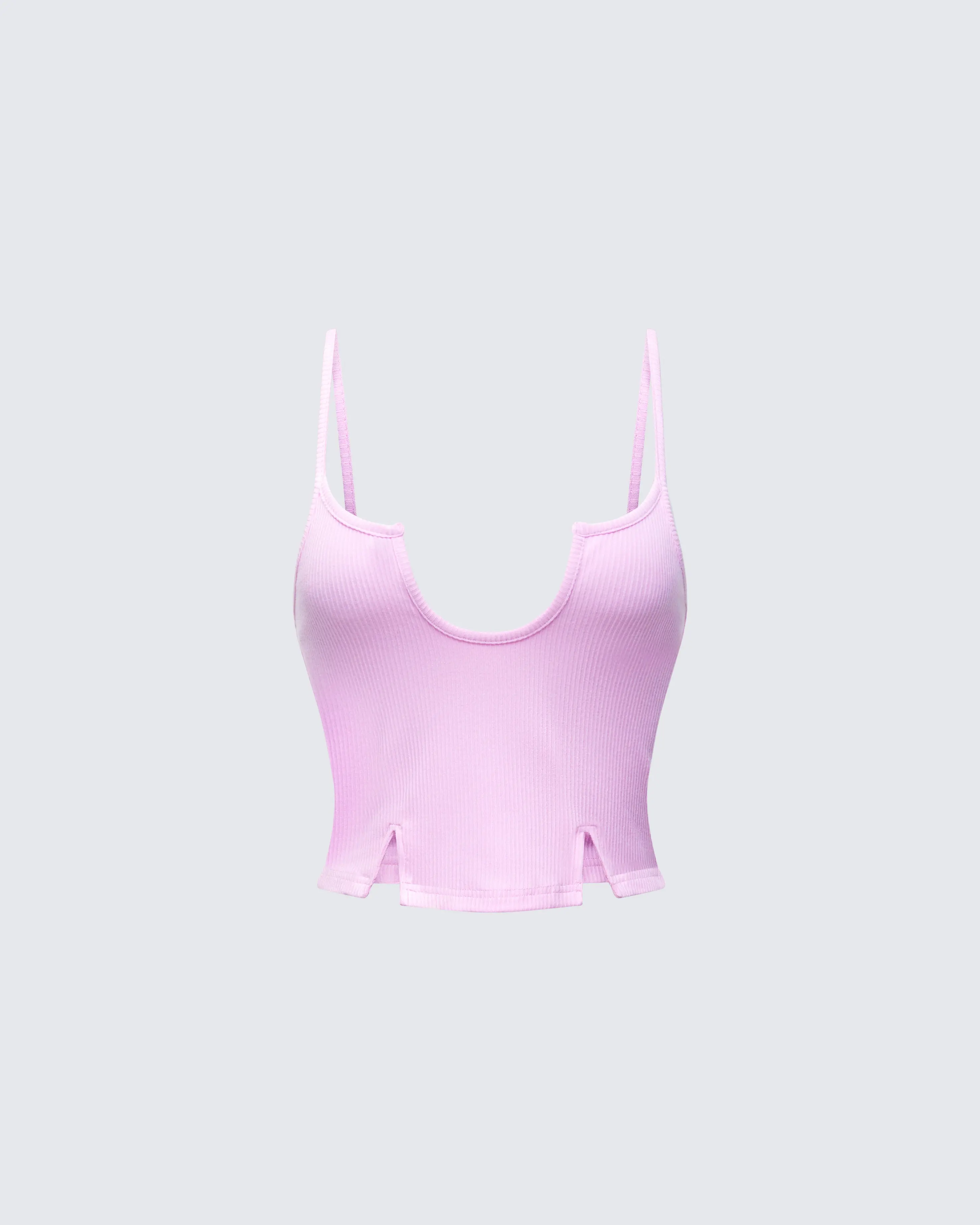 Pink Crop Cami Top in a Modal Fabric, Featuring a Deep U-Neckline, Thin Straps, and a Split Front Hem Detail, Fitted