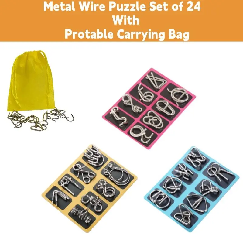 Metal Puzzle Ring 24 Piece Set with Carrying Bag for Collection High-Quality Educational Intellectual Toys IQ Brain Teaser Puzzles for Kids & Adults Unique Gift Durable Nickel Plated Metal Wire Styles