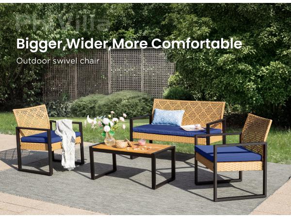 Phi Villa 4-Piece Patio Conversation Set - Wicker Chairs, Acacia Wood Coffee Table, Solid Wood Tabletop, Durable & Stylish Outdoor Design Furniture, Deals for You