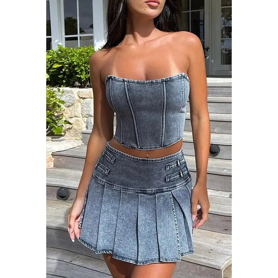 Pleated Blue Denim Skirt Set