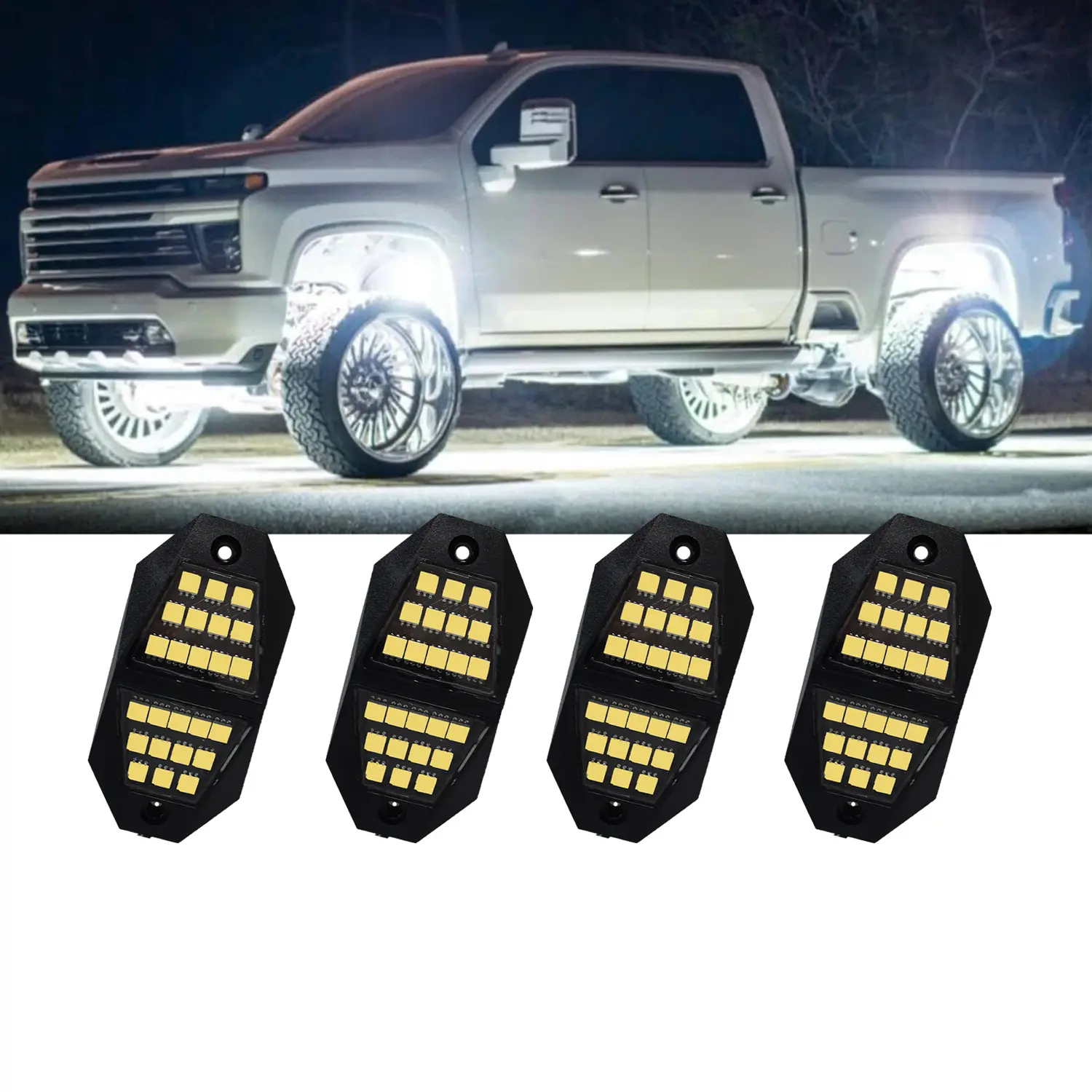 White Rock Lights for Truck 4/8/10/12/16/20 Pods , 210-Degree Wide Angle, 6000K Pure White, 24 Bright SMD Chips, with Extension Wires, IP67 Waterproof, High Adhesive Stickers Car Underglow Lights Fits for Trucks Trailer SUV ATV UTV