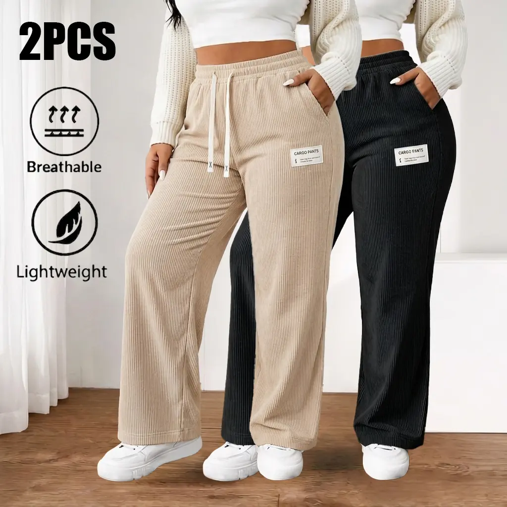 Women's 2-Pack Baggy Corduroy Pants, High-Waist Wide-Leg Trousers with Elastic Drawstring, Oversized Straight Cut, Lightweight Breathable Synthetic Fiber, Outdoor-Ready Wear for Casual Back to School, Baggy Pants