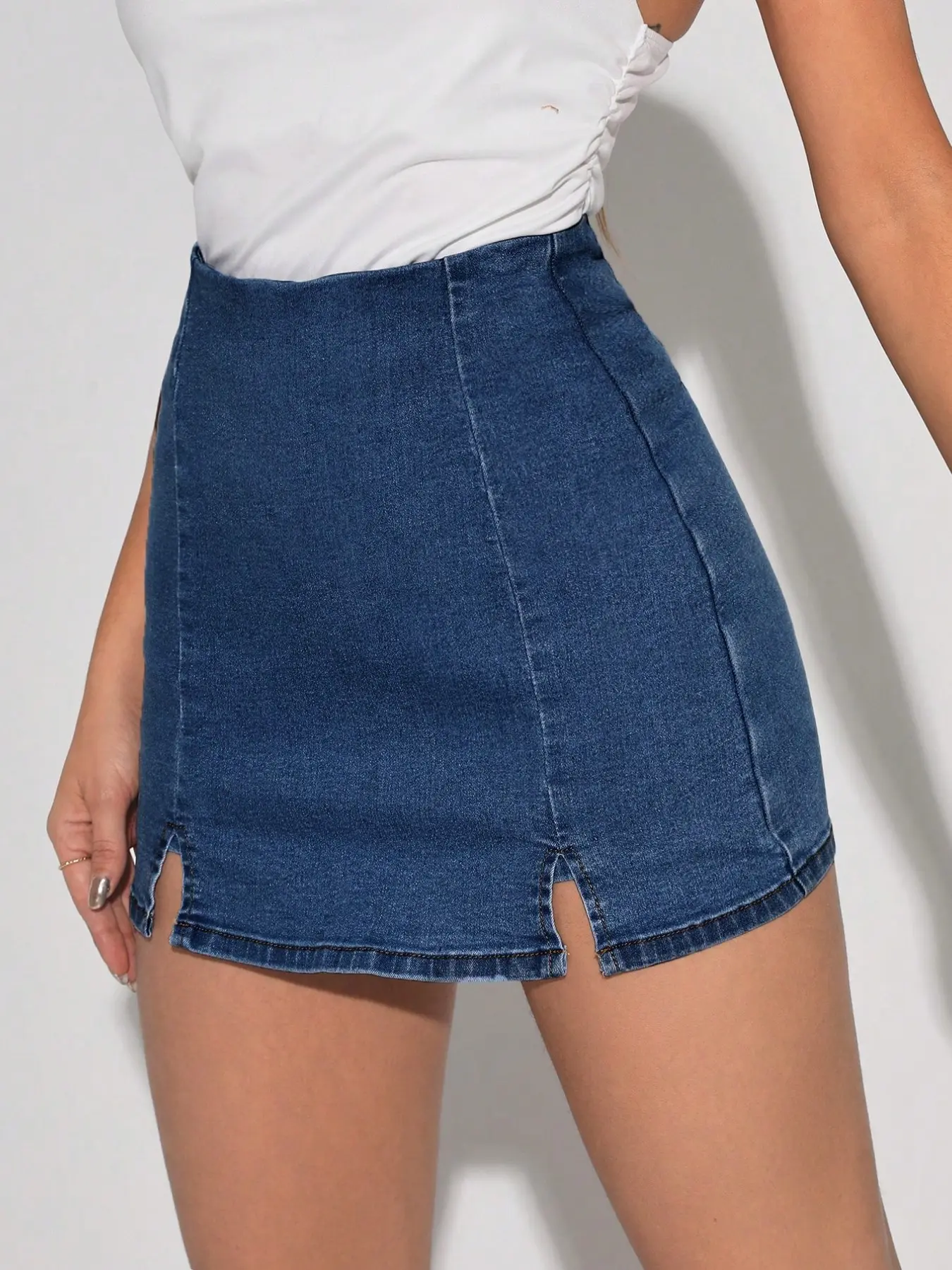 Tall Girl High Waist Black Denim Skort, Solid, Extended Length Double Slit, Women's Wear Casual Everyday Fit