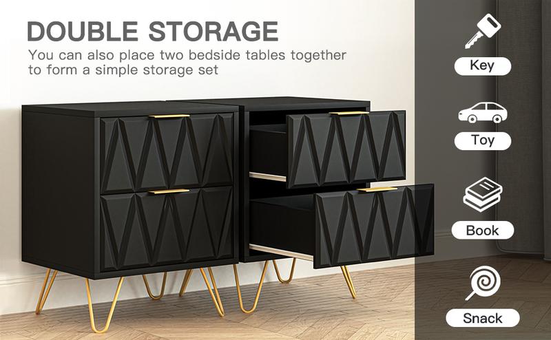 2pcs Nightstand Modern Bedside Table with 2 Drawers & Gold Metal Legs, Simple and Elegant Bedside Table,Night Stand Metal Legs for Bedroom Living Room