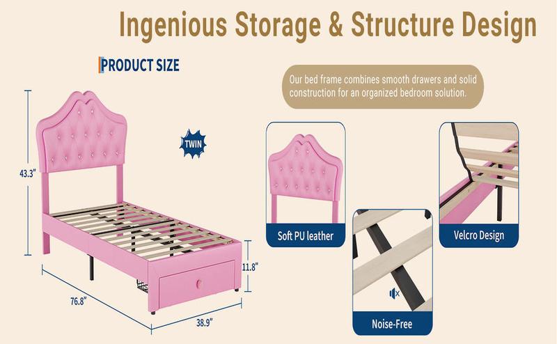 Twin Size Upholstered Princess Bed Frame with LED Lights & Storage Drawer, Pink Faux Leather Platform Bed  , Crystal Tufted Headboard, No Box Spring Needed, Heavy Duty Support