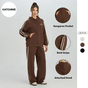 KatchMe Women's Sporty Color-Matching Stripe Hoodie & High Waist Wide Leg Trousers Tracksuit, Comfort Basic Co-ord Set for Lady, Athleisure Street Fit