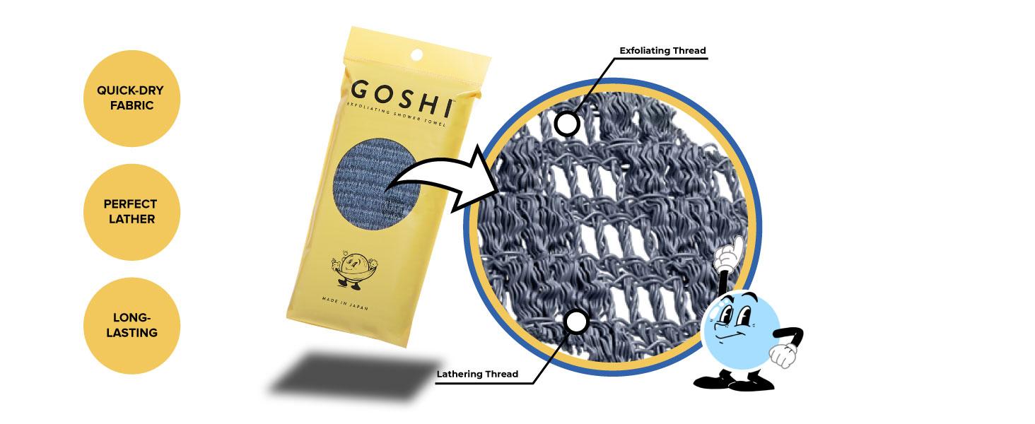 GOSHI Exfoliating Shower Bath Towel - Rip-Resistant Personal Exfoliating Washcloth, Cleaning, Scrubber for All Skin Types - Made in Japan