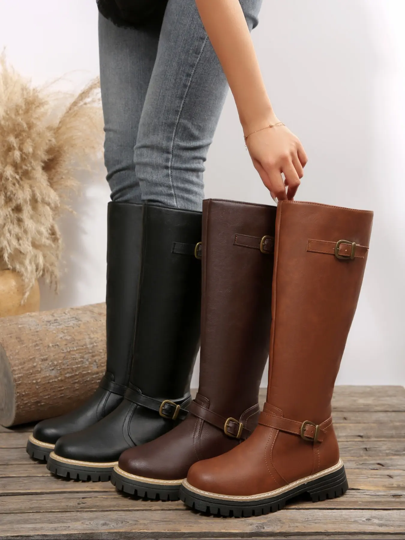 Women's Winter Tall Wide-Calf Boots, Western Style Round Toe Thick Sole Motorcycle Boots, Durable Comfortable Design, Casual Wear, Winter Warm Boots, PU Leather Boots