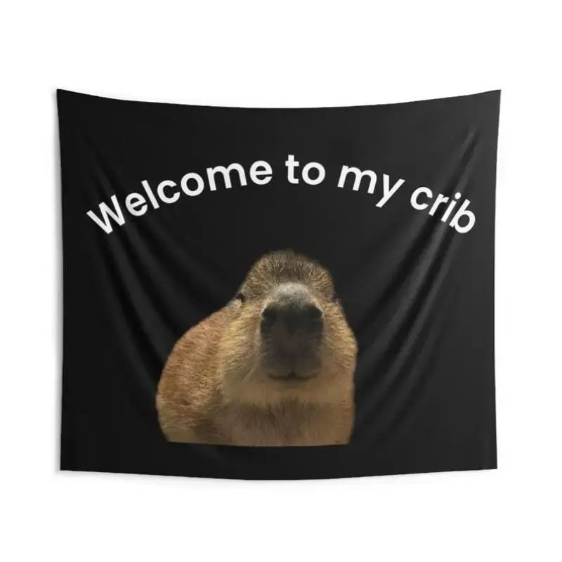 1pc Capybara "Welcome to My Crib" Landscape Graphic Tapestry, Horizontal Hand-Sewn Wall Hanging, Machine Washable Home Bedroom Decor