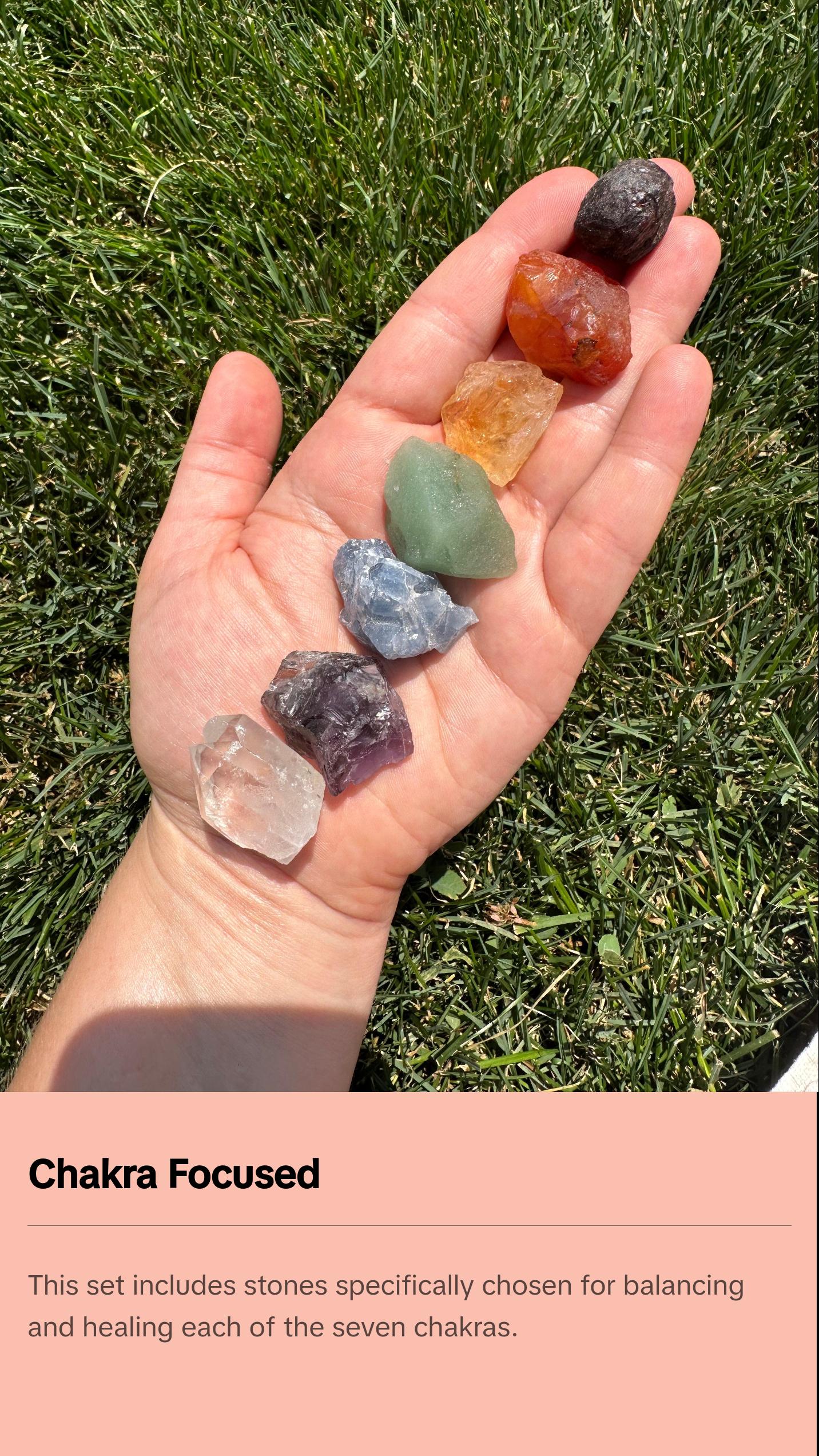 7 Chakra Stone Set, Chakra Balancing Crystal Set - Garnet, Carnelian, Citrine, Green Aventurine, Blue Calcite, Amethyst, Clear Quartz