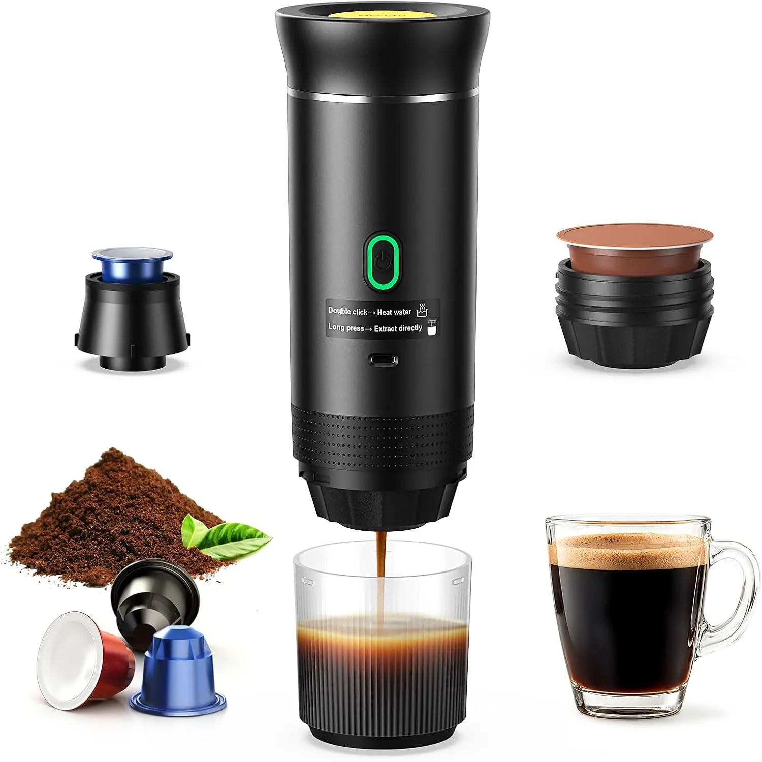 Portable Espresso Maker Travel Coffee Machine for Camping, Car Self-Heating USB-C Compatible with Ground Coffee & NS Capsules, RV, Hiking, Home,back to school,back to school haul