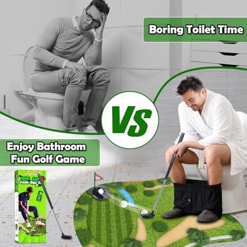 Toilet Golf Game Set - Mini Bathroom Golf Kit with Practice Mat, Golf Club & 2 Balls | Fun Gag Gift for Kids, Husband, Boyfriend, Wife, Daughter, Son | Unique White Elephant Gift Idea