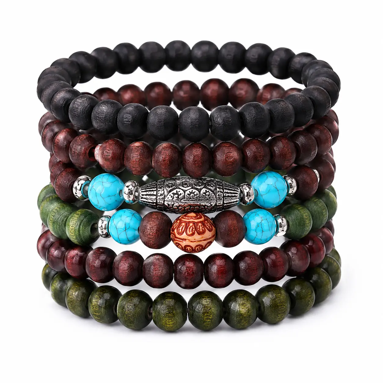 6-Piece Stackable Beaded Bracelet Set for Men, Wooden Beads with Blue-Green Accents, Stretch Everyday Bracelet Set