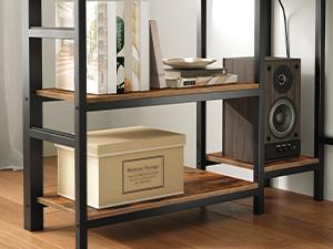 Twin Loft Bed with LED Lights, L-Shaped Desk & Built-in Charging Station, Metal Bunk Bed with Shelves, Guardrail for Teens, Adults, Space Saving, Black and Rustic Brown