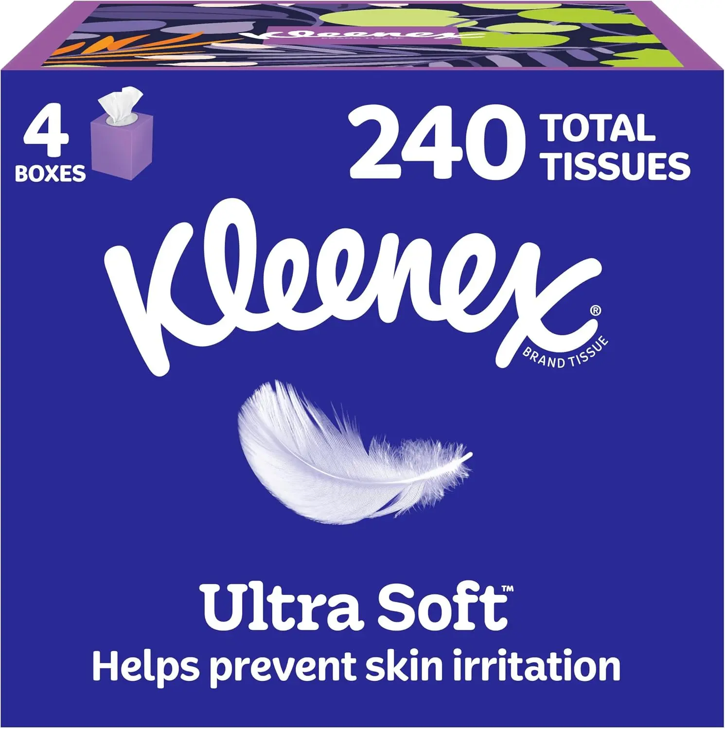 Ultra Soft Facial Tissues 4 Cube Boxes, 240 Total Tissues, 3-Ply Hypoallergenic Tissue for Sensitive Skin, Allergy & Cold Season