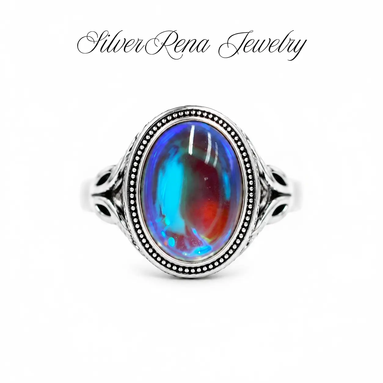 S925 Sterling Silver Oval Color-Shifting Moonstone Statement Ring, Closed Band with Vintage Filigree Carving, Spiritual Healing Crystal Jewelry for Daily Wear