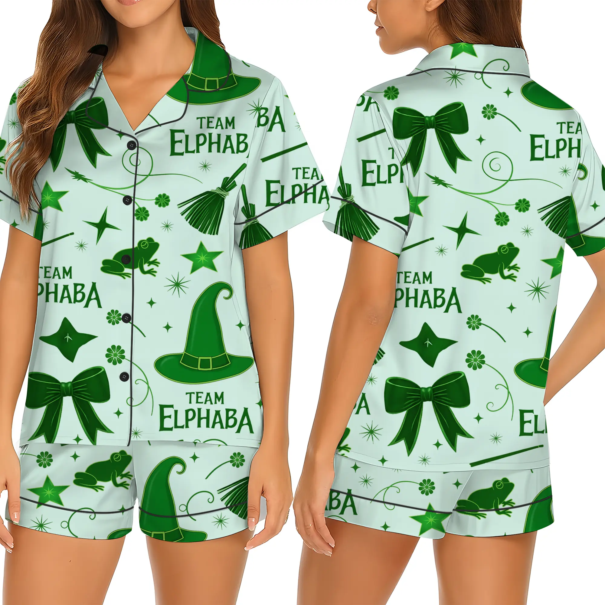 Women's Pajama Set - Glinda & Elphaba Inspired, Pink & Green Bows Long-Sleeve Witchy Feminine Loungewear, Halloween Gift, Women's Pajamas Set, Nightwear Outfit