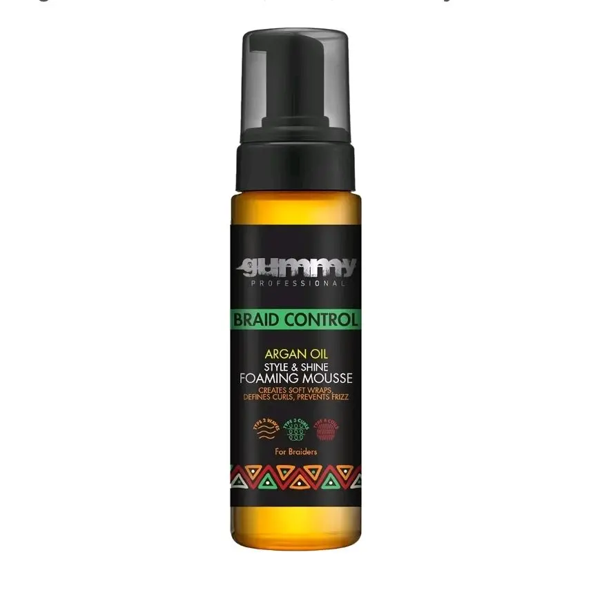 Gummy Professional Braid Control Foaming Mousse Alcohol Free Argan Oil Styling Foam Frizz Control Curl Defining Cream for Braids Locs and Wavy Hair 200ml