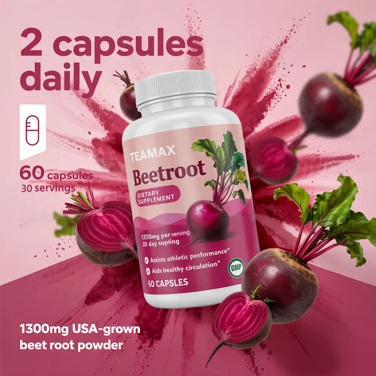 Organic Beetroot Powder Capsules Natural Health Dietary Supplement - 1300mg per Serving, 60-Count, 30-Day Supply, Lactose-Free, Non-GMO, Lab-Tested, Plant-Based Athletic Support for Energy & Endurance