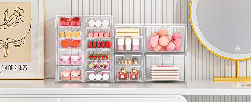 Acrylic Makeup Organizer with 17 Drawers 4 Pack Clear Dustproof Bathroom Counter Storage for Palettes Cosmetics Beauty Supplies Ideal for Vanity Cabinet Desk Organization Containers Smooth